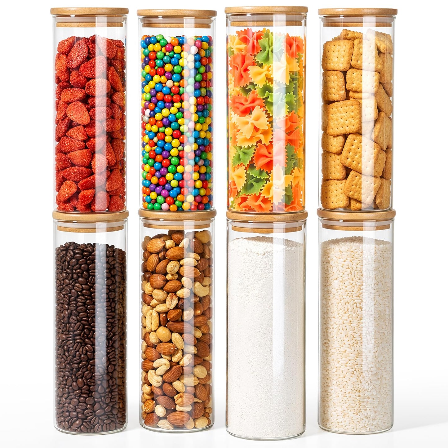 77L Stackable Glass Food Storage Containers with Lids [Set of 8 ], Airtight Glass Canister for Kitchen & Pantry Organization, Clear Borosilicate Jars for Pasta, Cereal, Flour, Sugar, Nuts