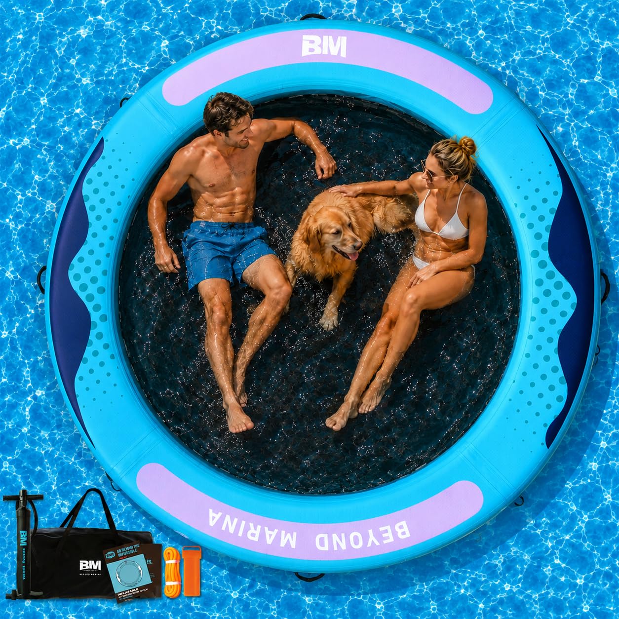 BEYOND MARINA Inflatable Water Hammock Floating Air Dock River Float with Mesh Heavy Duty Round Ring Raft for Pool Lake Ocean Portable Island Platform Pad 8'*6'*6"