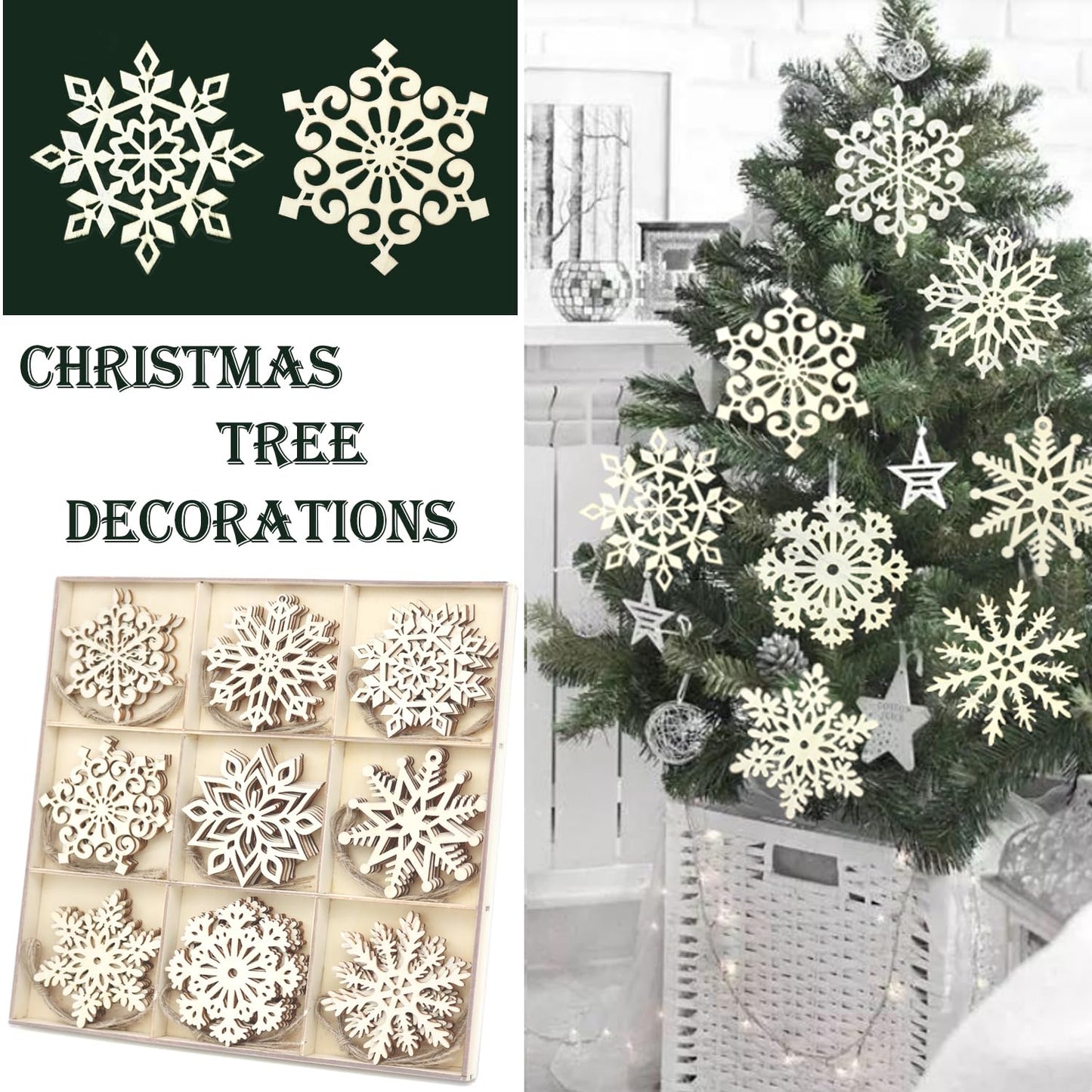 45pcs Large Christmas Wooden Snowflakes Hanging Ornaments DIY Craft Snowflake Wooden Ornaments Unfinished Wood Cutout Christmas Decorations Tree Decor Kids Paint