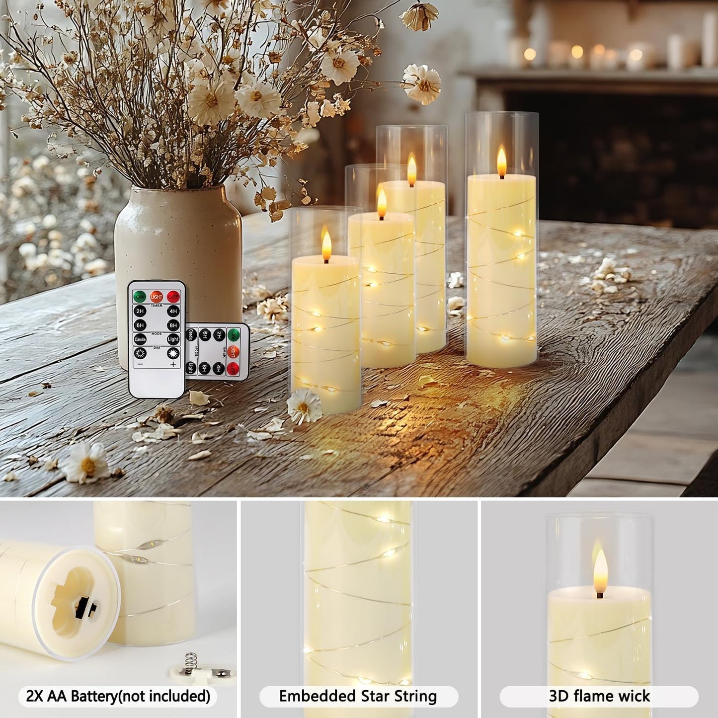 CAKETYCG 24 Pcs LED Flameless Candles with Remote, 3D Flickering Flame & LED String Lights, Acrylic Clear Cylinder, Timer Function, Romantic Ambience for Home Decor, Party, Wedding (Ivory).