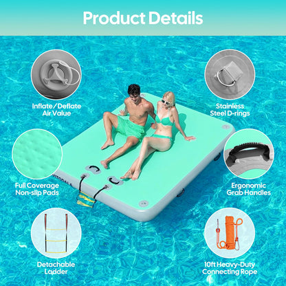 Inflatable Floating Dock, Water Island Float Raft Mat with Non-Slip Surface, 5FT/8FT/10FT Air Deck Platform, 6 Inch Thick for Pool, Lake, River, Beach, Ocean (Mint Green, 5 ft x 6.6 ft x 6")