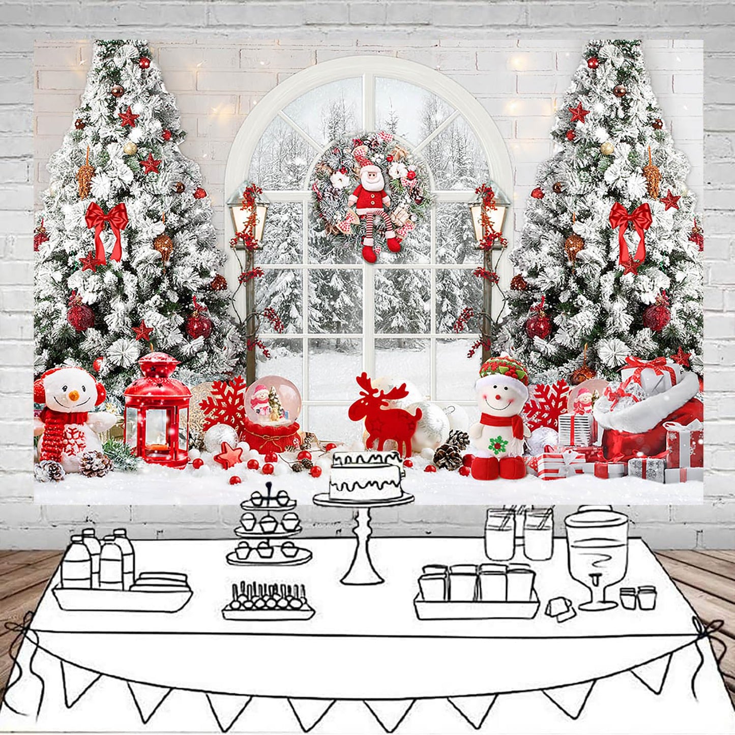 Mocsicka Christmas Window Backdrop Snow World Santa Claus Snowman Photography Background Christmas Tree New Years Kids Family Party Decoration Props Portrait Photo Studio Props (10x7ft)