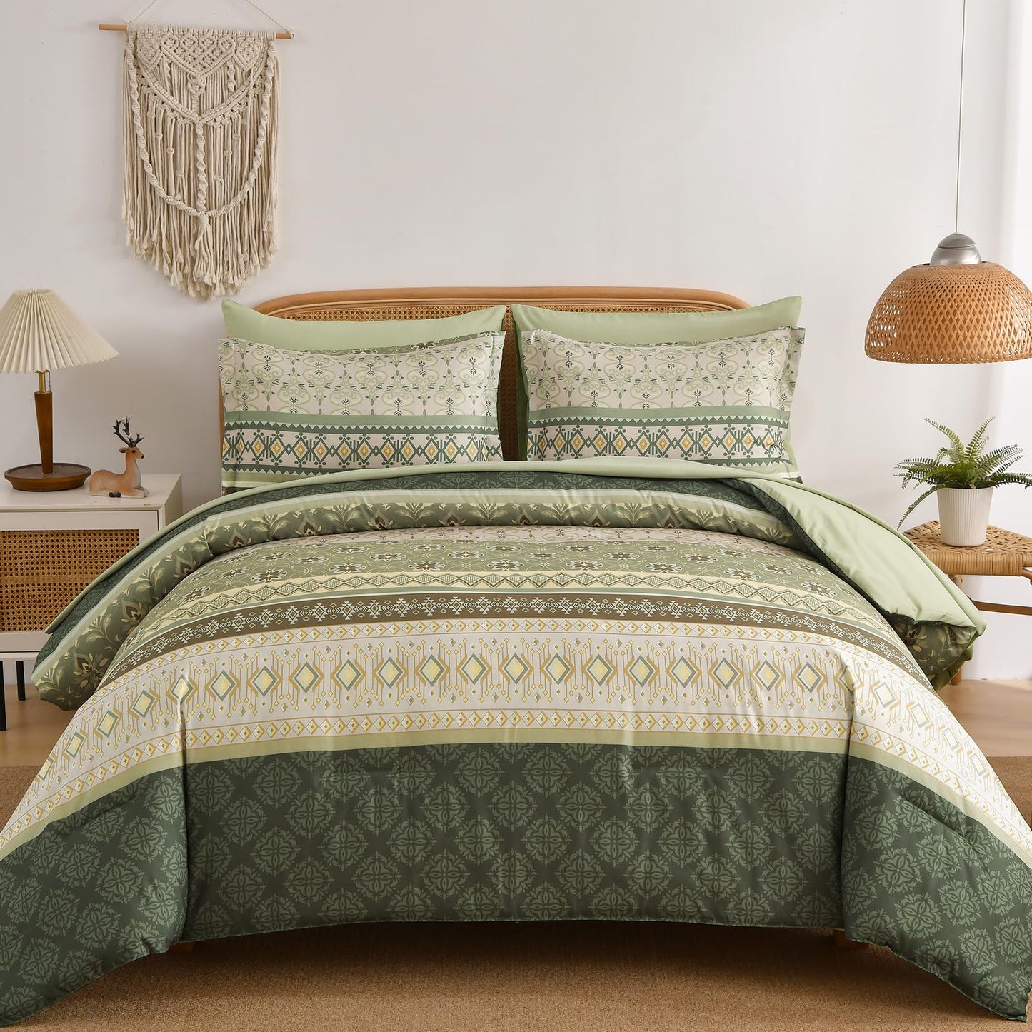 Comforter Set King Size Boho,7 Pieces Bohemian Bedding Comforter Set Striped Bed in a Bag,Grey Green Paisley Floral Comfortet and Sheet Set,Soft Green Gray Bedding Sets for Family