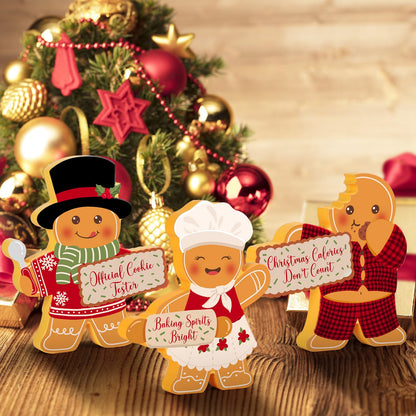 COCHIE Gingerbread Man Christmas Decorations Indoor, Cute Gingerbread Man Tiered Tray Decor Set of 3, Wooden Gingerbread Man Blocks Xmas Table Decoration for Party Home Office Shelf Door (Kitchen)