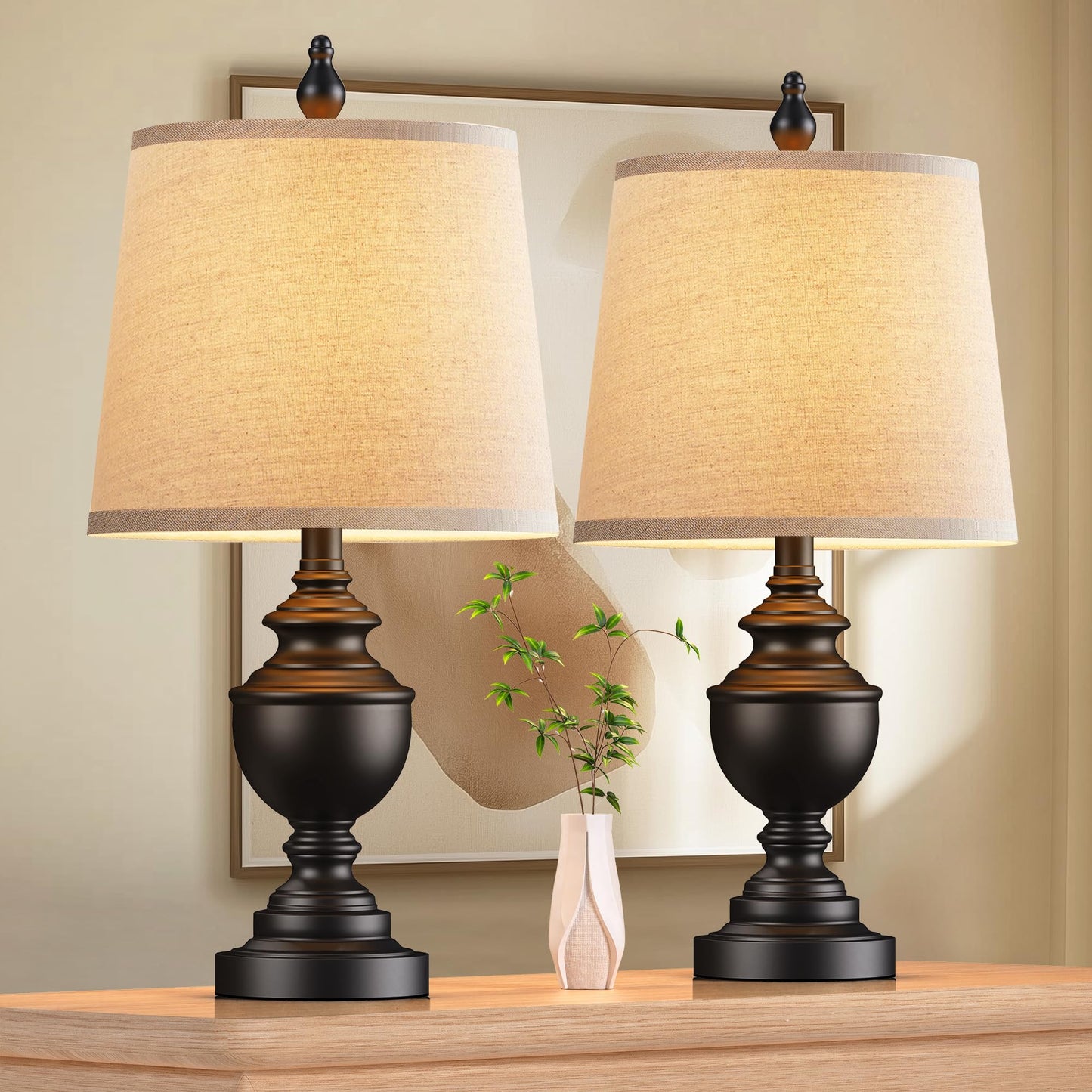PARTPHONER Retro Table Lamps Set of 2, Bedside Lamp for Bedroom Rustic Farmhouse Table Lamps for Living Room, Vintage Nightstand Lamps with White Shades, Matte Black