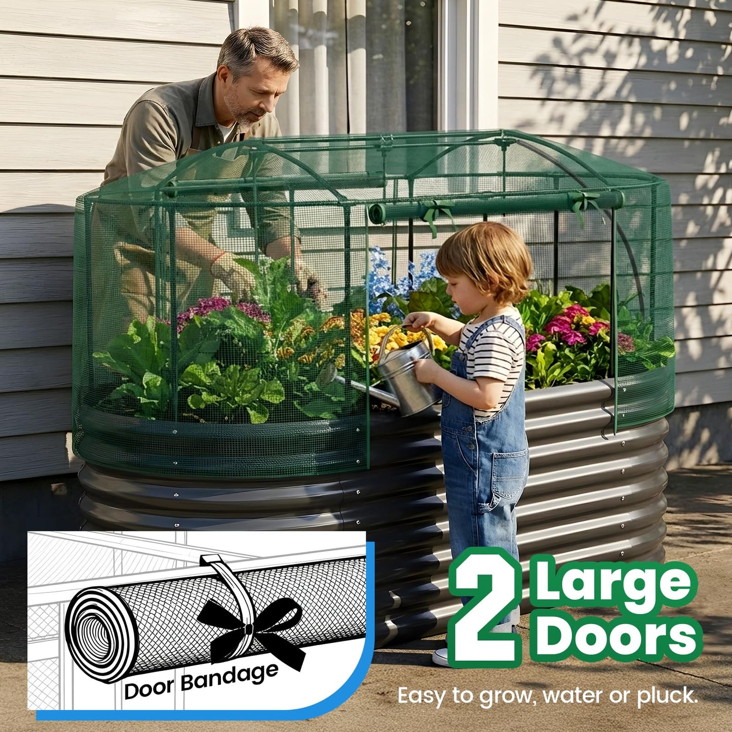 Quictent Galvanized Raised Garden Bed Kit with Self Watering System and Mesh Cover, Large Oval Metal Outdoor Planter Garden Boxes for Vegetables Herbs Flowers, 6x3x2Ft