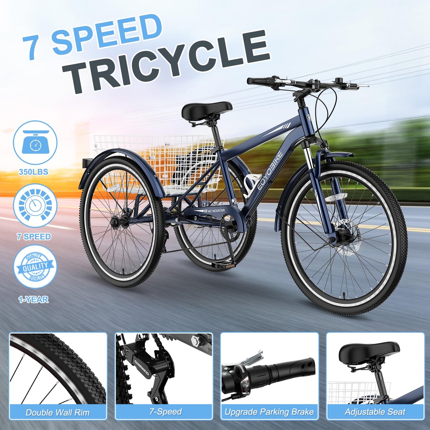 Slsy Adult Mountain Tricycle, 7 Speed Three Wheel Bike, 24/26 Inch Adults Trikes for Seniors with Shopping Basket, Exercise Men's Women's Tricycles