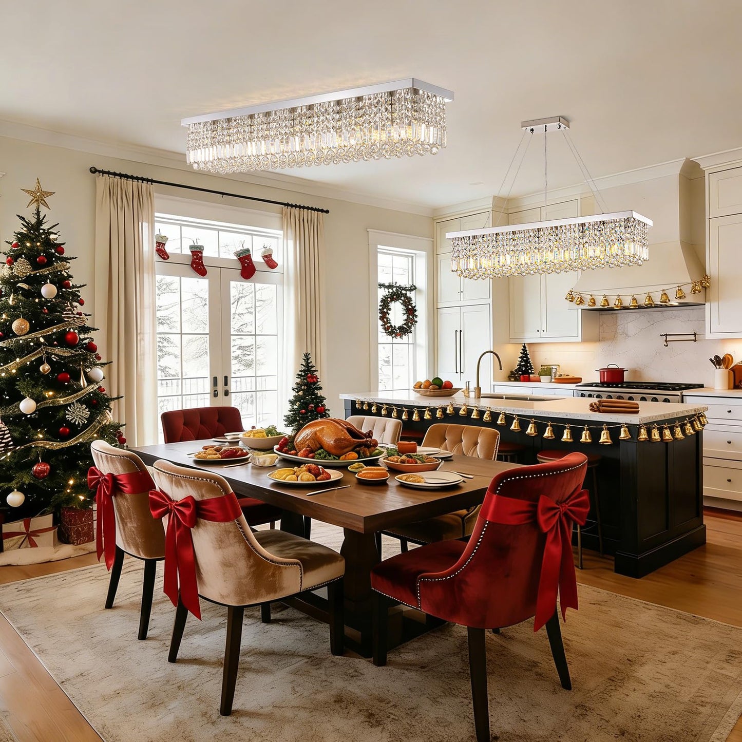 𝐋𝟒𝟎 𝐈𝐧𝐜𝐡 Modern Crystal Chandelier, 8-Lights Rectangle Chandelier Rectangular Flush Mount Pendant Ceiling Light Fixture K9 Crystal Raindrop Chandeliers for Dining Living Room Kitchen Island