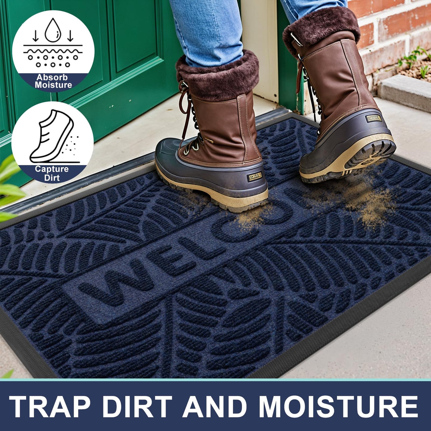 Smiry Welcome Mat Indoor Outdoor, All-Season Waterproof Front Door Mat, Sturdy Natural Rubber Doormat, Non-Slip, Easy Clean, Low Profile Dirt Trapper for Porch Patio Entrance, 71x47, Navy