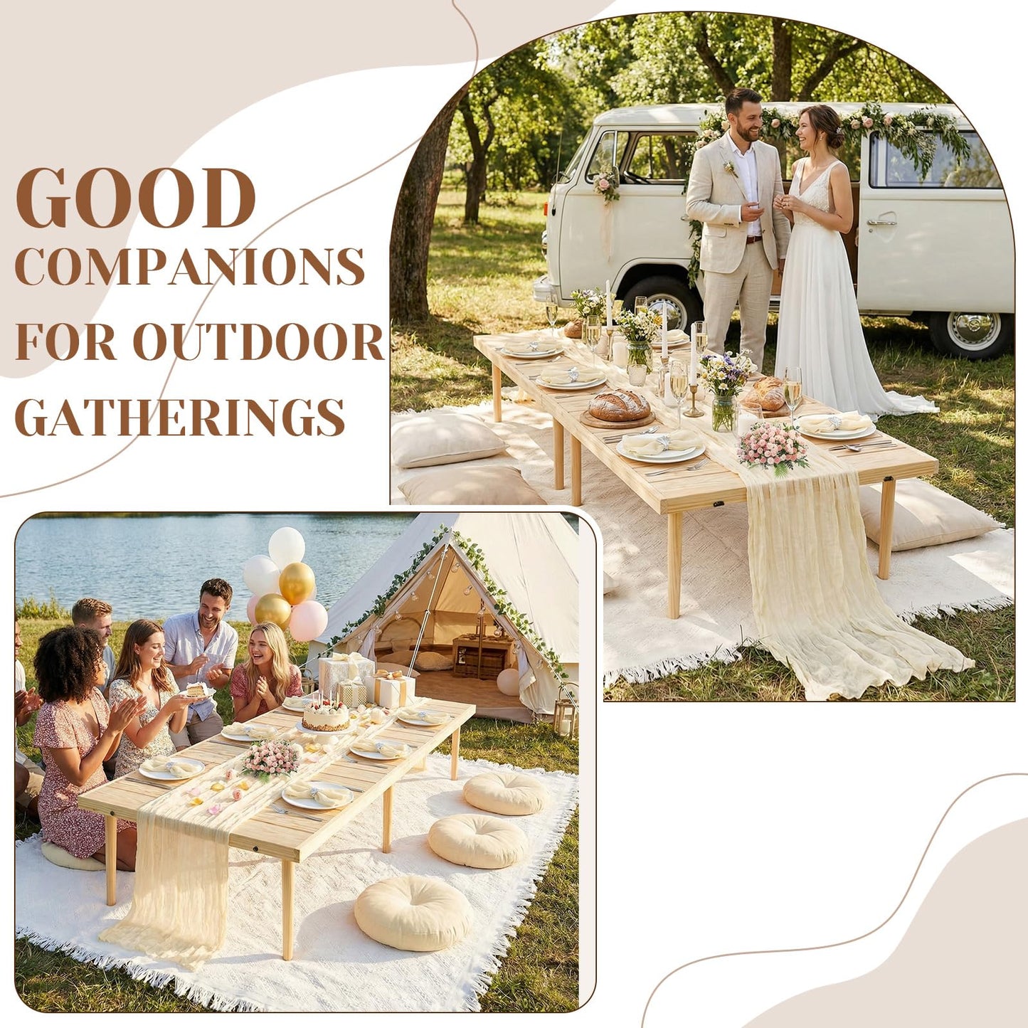 Novabright Boho Picnic Kit 22'' x 44'' Folding Picnic Table 91" x 71" Extra Large Outdoor Boho Blanket with Beige Table Runner and 6 Napkins for Camping Wedding Birthday Baby Shower Party Decor