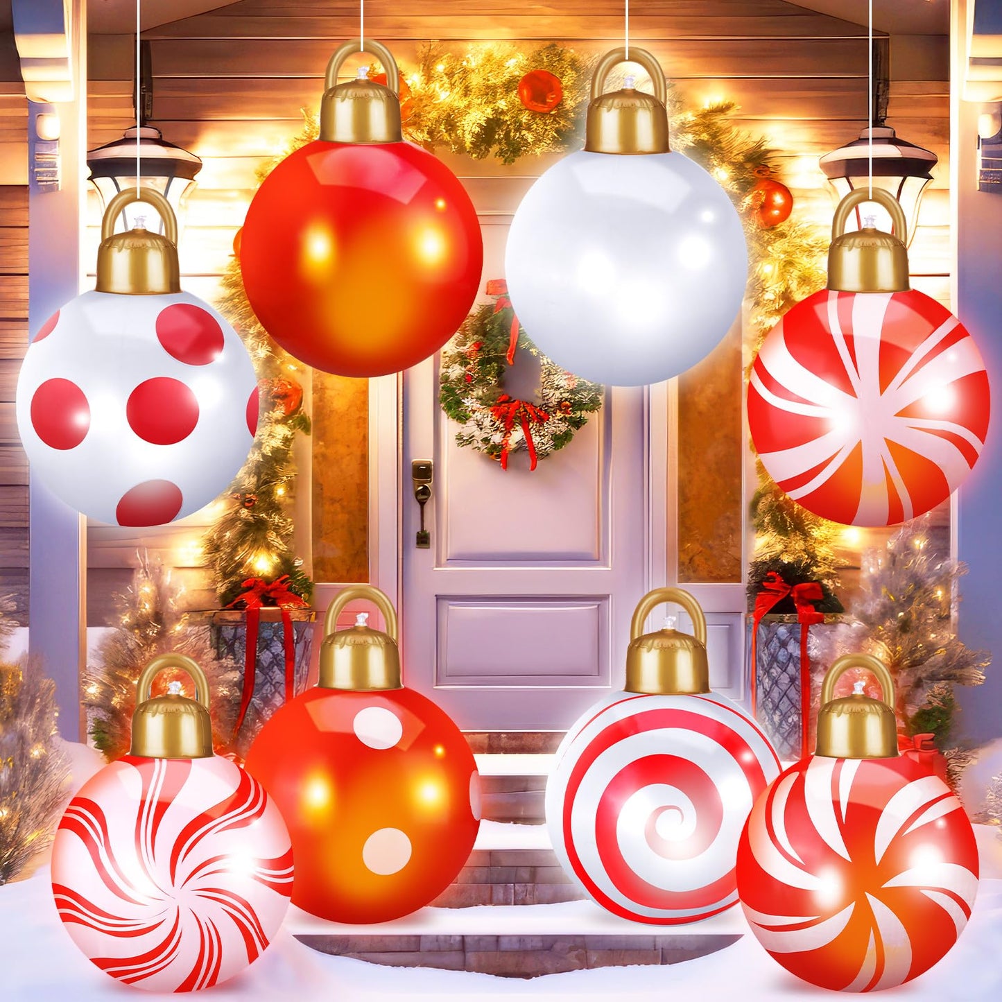Jetec 8 Pcs 12 Inches Light Up Inflatable Christmas Balls Large Inflatable Christmas Balls PVC Giant Christmas Ornaments Oversized Christmas Balls for Holiday Garden Lawn Porch Tree