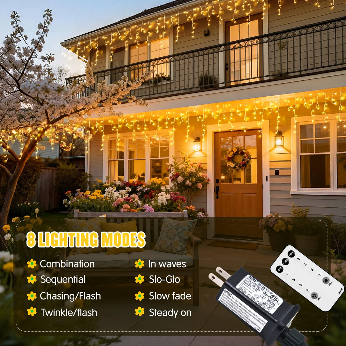 JMEXSUSS 38.8FT Icicle Lights for Outside, 400 LED Icicle Christmas Lights Outdoor Indoor Plug in, Warm White String Lights for Classroom Christmas House Patio Party Fireplace Holiday Decorations
