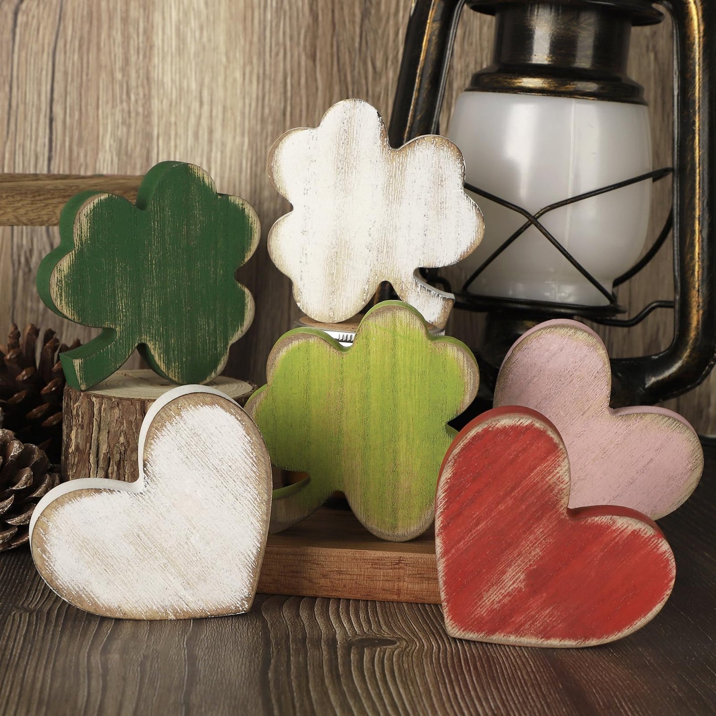 PAIVSUN 6Pcs Valentine's Day/St.Patrick's Day Tiered Tray Decorations, Double-Sided Distressed Heart and Shamrock Wooden Signs Clover Table Decor for Home Office Tabletop (Retro Mix)