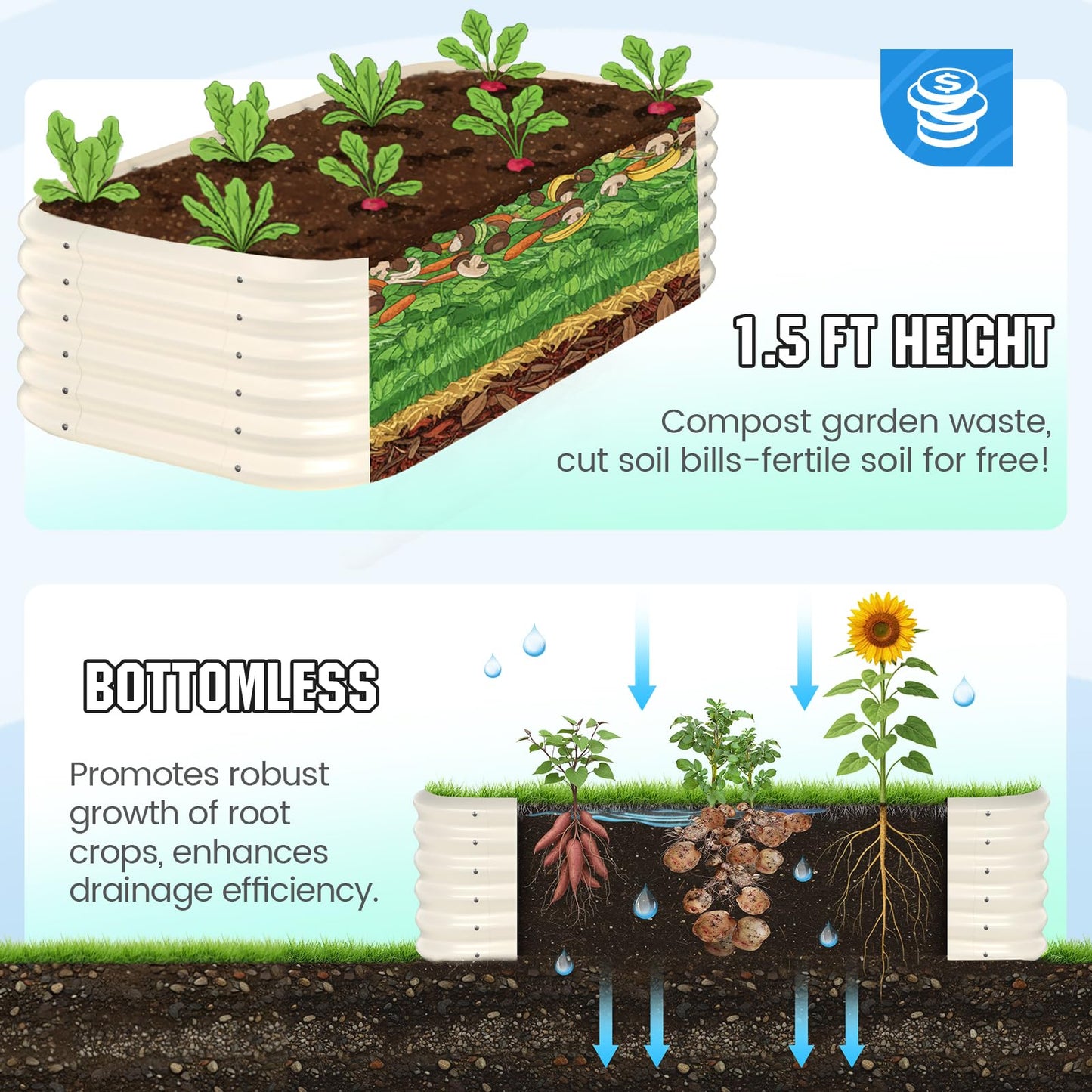 Quictent Galvanized Raised Garden Bed Kit Tall, 6x3x1.5 ft Oval Large Planting Box Strengthened by Crossbar, for Vegetables Outdoor, Beige