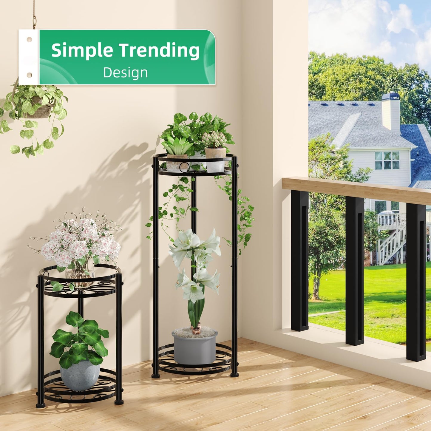 Simple Trending Round Plant Stand Indoor Outdoor, Waterproof Metal Tall 31” Plant Shelf Holder, Heavy Duty Flower Pot Display Rack, 2 Pack, Black