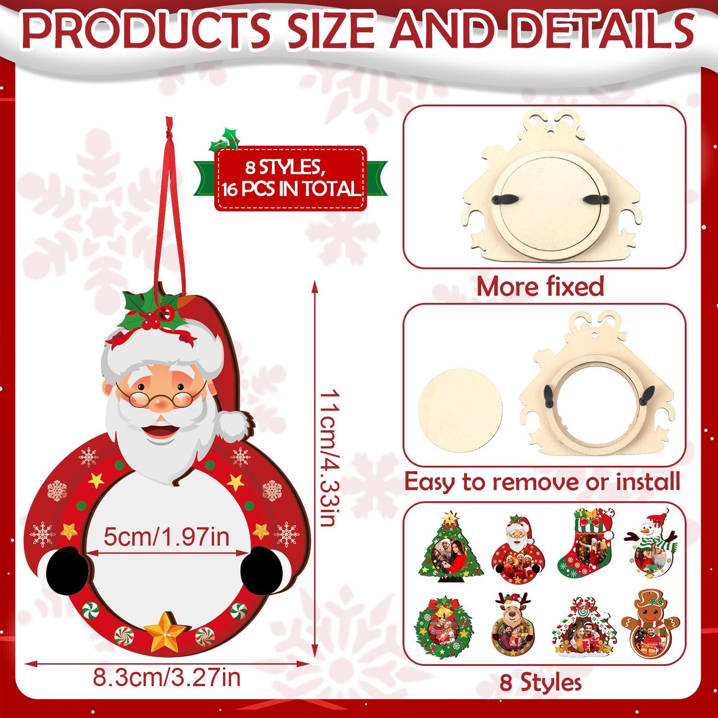 Yalikop 16 Pcs Christmas Photo Frame Ornaments Wooden Nutcrackers Santa Snowman Snowflake Picture Frame Tree Decoration DIY Photo Keepsakes for Xmas Party Decorations Winter (Classic)