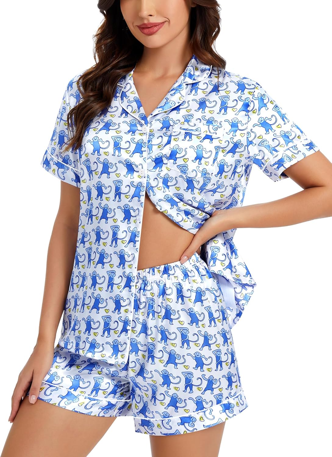 SWOMOG Womens Silk Satin Pajamas Set Short Sleeve Sleepwear Button Down Top and Shorts Loungewear 2 Piece Pjs Set XS-3XL