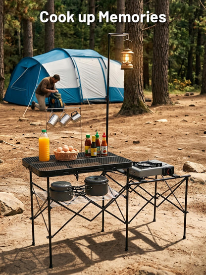 TIMBER RIDGE Portable Camping Kitchen Station, Folding Outdoor Cooking Grill Table with Heat-Resistant Steel Mesh Top & Storage Shelves, Heavy Duty Picnic RV Tailgating BBQ Easy Setup, 110lbs Capacity