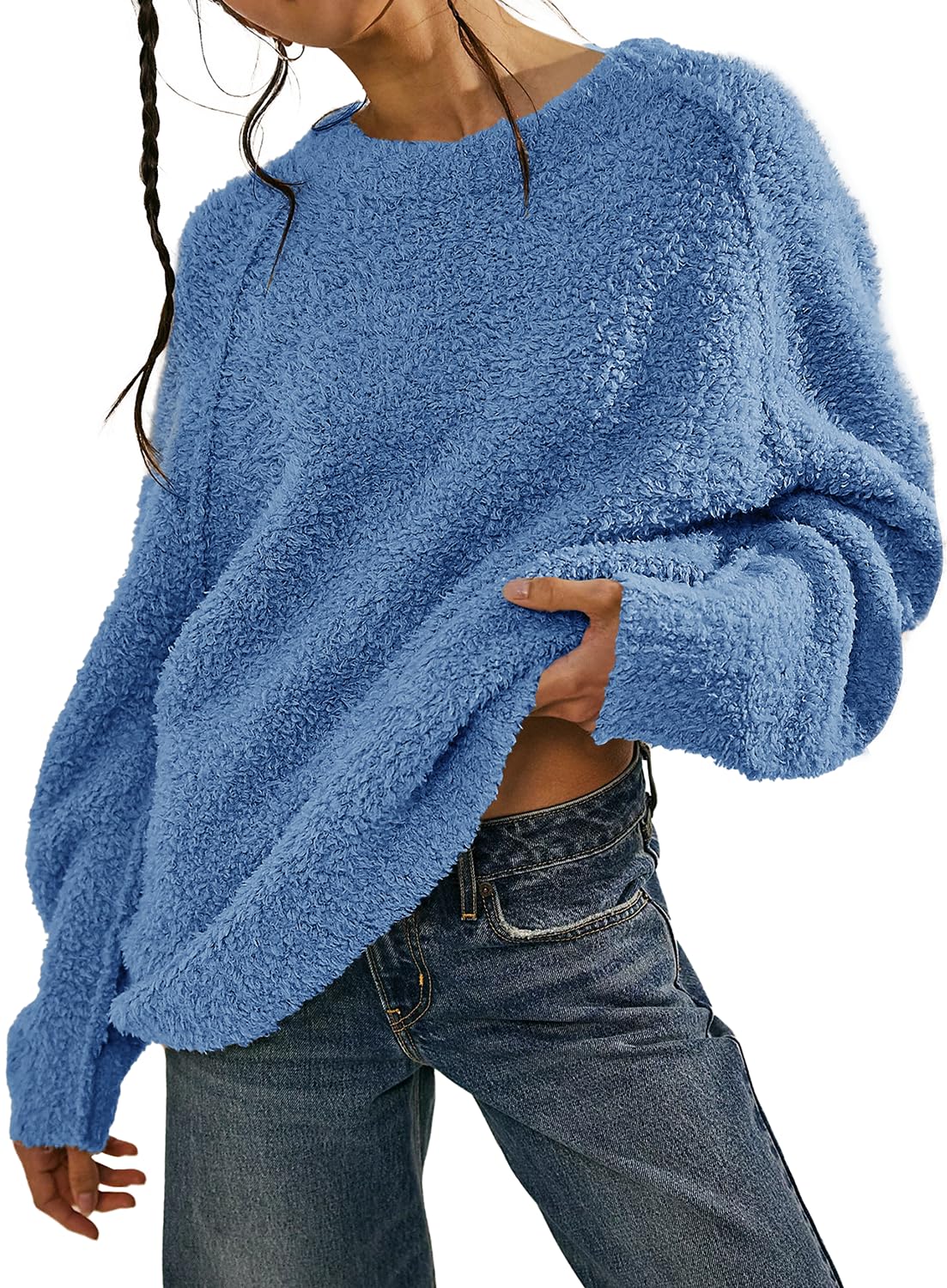 Beaully Women's Oversized Long Sleeve Crewneck Fuzzy Knit Warm Sweaters 2025 Fall Pullover Sweater Tops