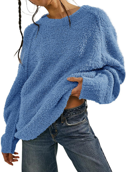 Beaully Women's Oversized Long Sleeve Crewneck Fuzzy Knit Warm Sweaters 2025 Fall Pullover Sweater Tops