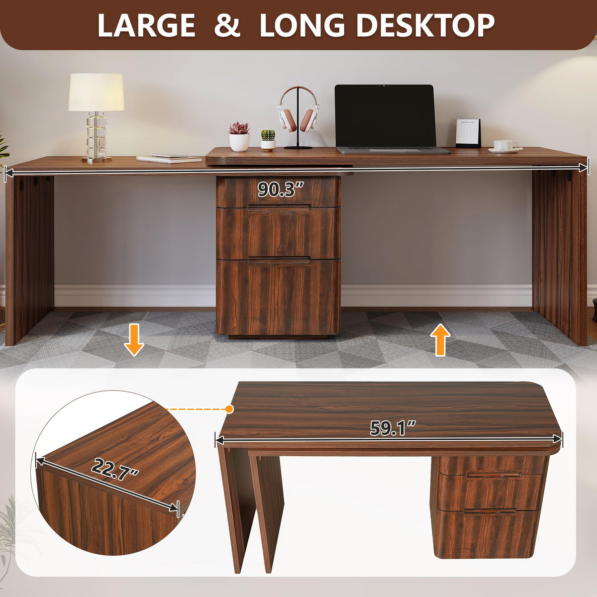RHHVVR Fluted Computer PC Desk Table with 3 Drawers, L Shaped Corner Desk with Storage, 360° Wood Rotating Home Office Desk for Bedroom, Executive, Study Work, Walnut