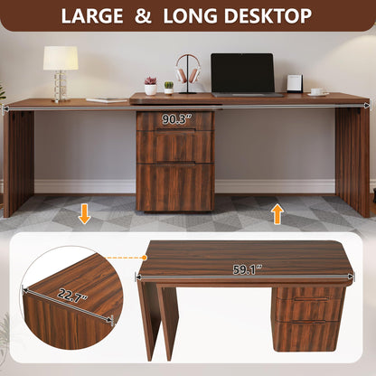 Merax 360° Rotating L-Shaped Desk with 3 Drawers | 90" Modern Corner Computer Desk for Home Office, Living Room, Executive Writing Study Work, Walnut
