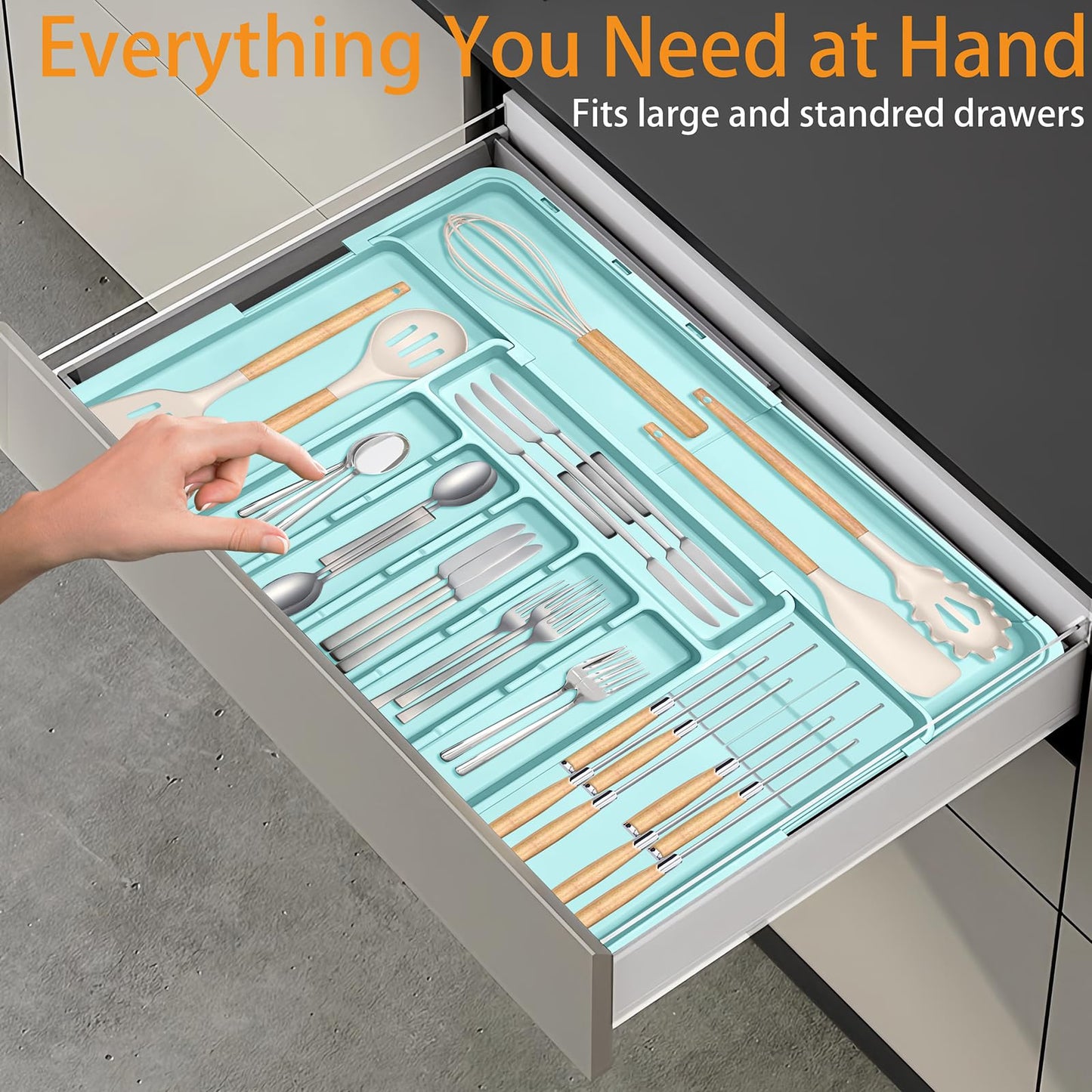 Homecor Silverware Organizer - Expandable Large Kitchen Drawer Organizer Utensil Organizer with 2 Removable Knife Blocks, 22"x 19"Cutlery Tray Drawer Dividers for Kitchen Flatware(6-9 Slots) (Black)