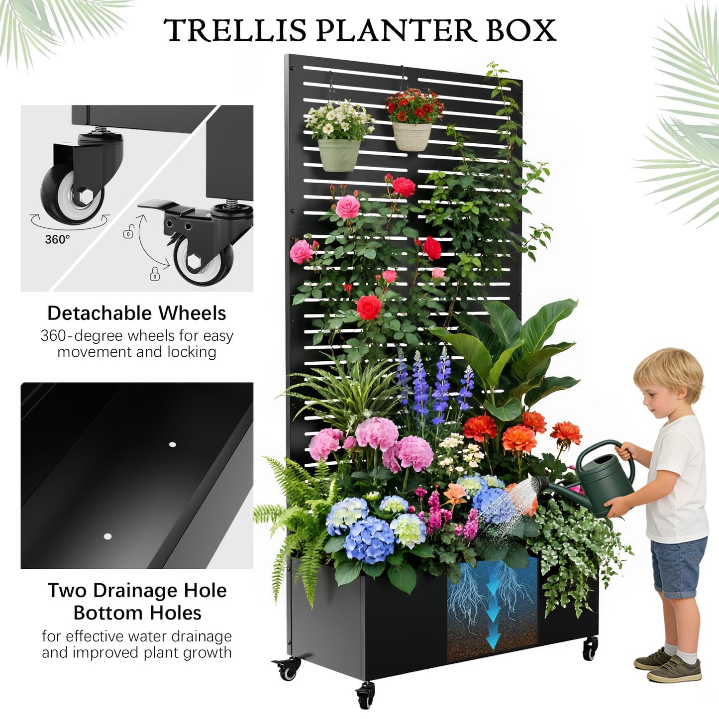 Baotree Metal Raised Garden Planter Bed, 72"x35"x16" Outdoor Planter Box with Trellis and Wheels for Climbing Plants, Vegetables & Vines, Features Drainage Holes and Privacy Screen (Black-Louvered)