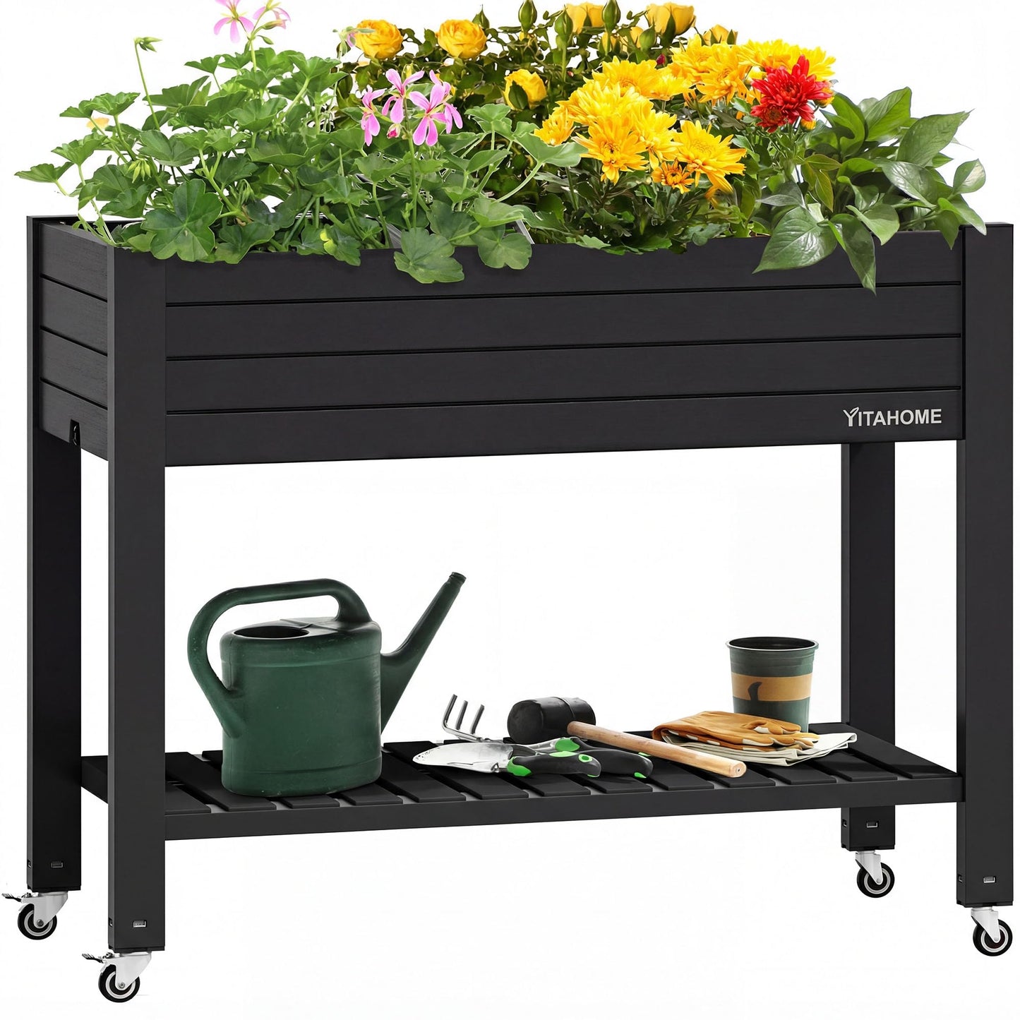 YITAHOME 43.3x17.7x34 in Elevated Garden Bed, Outdoor Plastic Planter Box with Wheels, Legs, Drain Plug, and Storage Shelf for Plants, Vegetables, Flowers, Herbs, Black