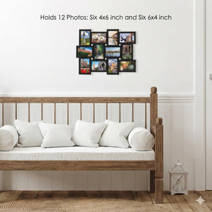MELANNCO Collage Picture Frame for Wall, Holds 12 Photos - Six 4x6 and Six 6x4 Images, 18x23 Inch Black Plastic Frame, Hang Horizontal or Vertical, Gallery Wall Decor