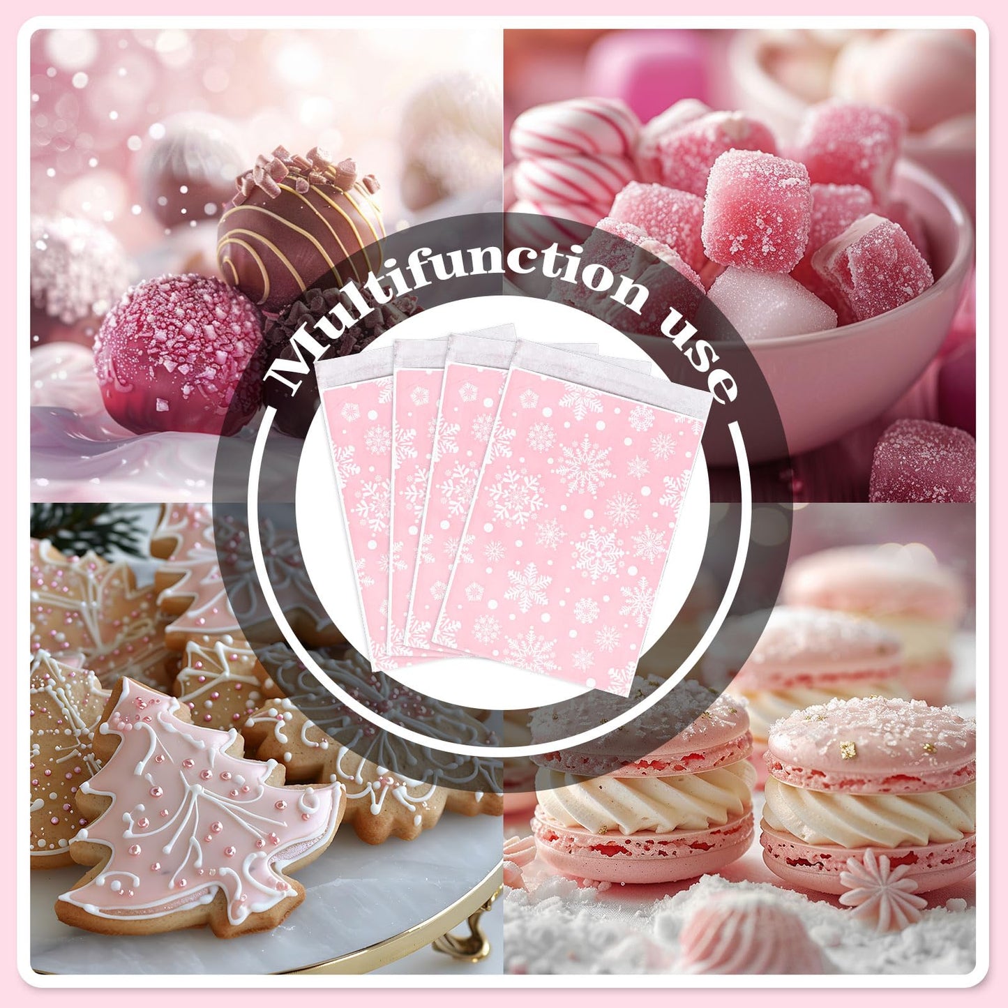 Whaline 100Pcs Winter Snowflake Treat Bags Pink Self-Adhesive Snowflake Candy Buffet Paper Bag Goodie Snack Gift Bags for Xmas Holiday Party Favors