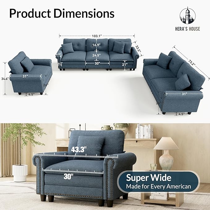 HERA'S HOUSE 3 Pieces Modular Sectional Sofa Sets, Oversized Couch Set