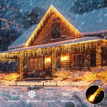 Christmas Icicle Lights Outdoor, 75.5 FT 600 LED 8 Modes Icicle String Lights with 120 Drops, Plug in Icicle Lights Waterproof with Remote Timer for Party, Wedding, Christmas Decorations - Warm