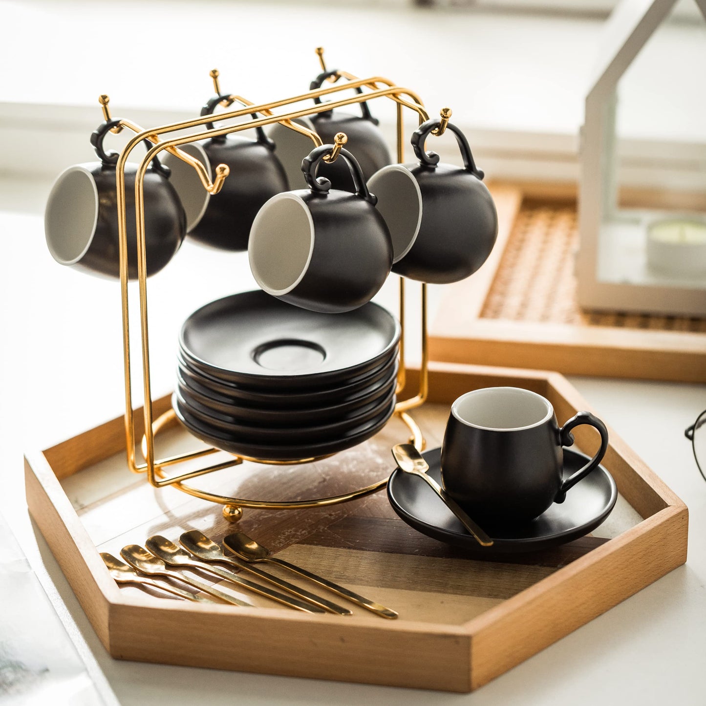 LYEOBOH Sugar Bowl 17 OZ Sugar Jar, Sugar Container for Coffee Bar, Ceramic Jar with Lid and Espresso Cups and Saucers Set, Ceramic Coffee Cup 3 Ounces Small Demitasse Cups Espresso Mugs