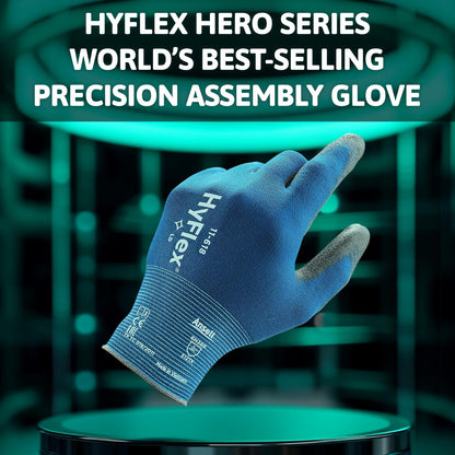 Ansell HyFlex 11-618 Mechanics Gloves, Abrasion-Resistant PU Coating Protective Gloves, Safety Gloves for Precision Handling, Touchscreen Compatible Blue Gloves, Ultra-Thin Work Gloves Large, 12 Pairs