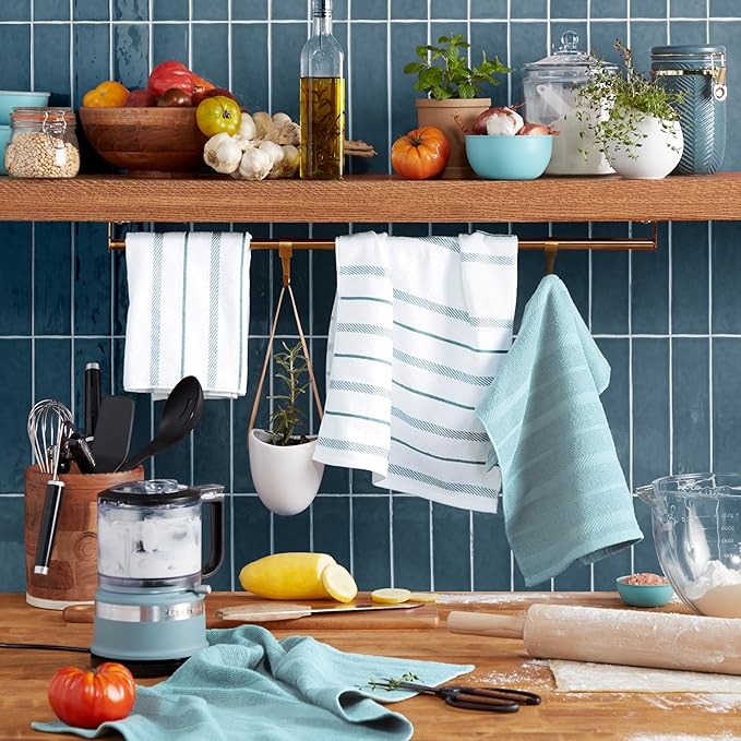 KitchenAid Albany Kitchen Towel 4-Pack Set, Mineral Water Aqua/White