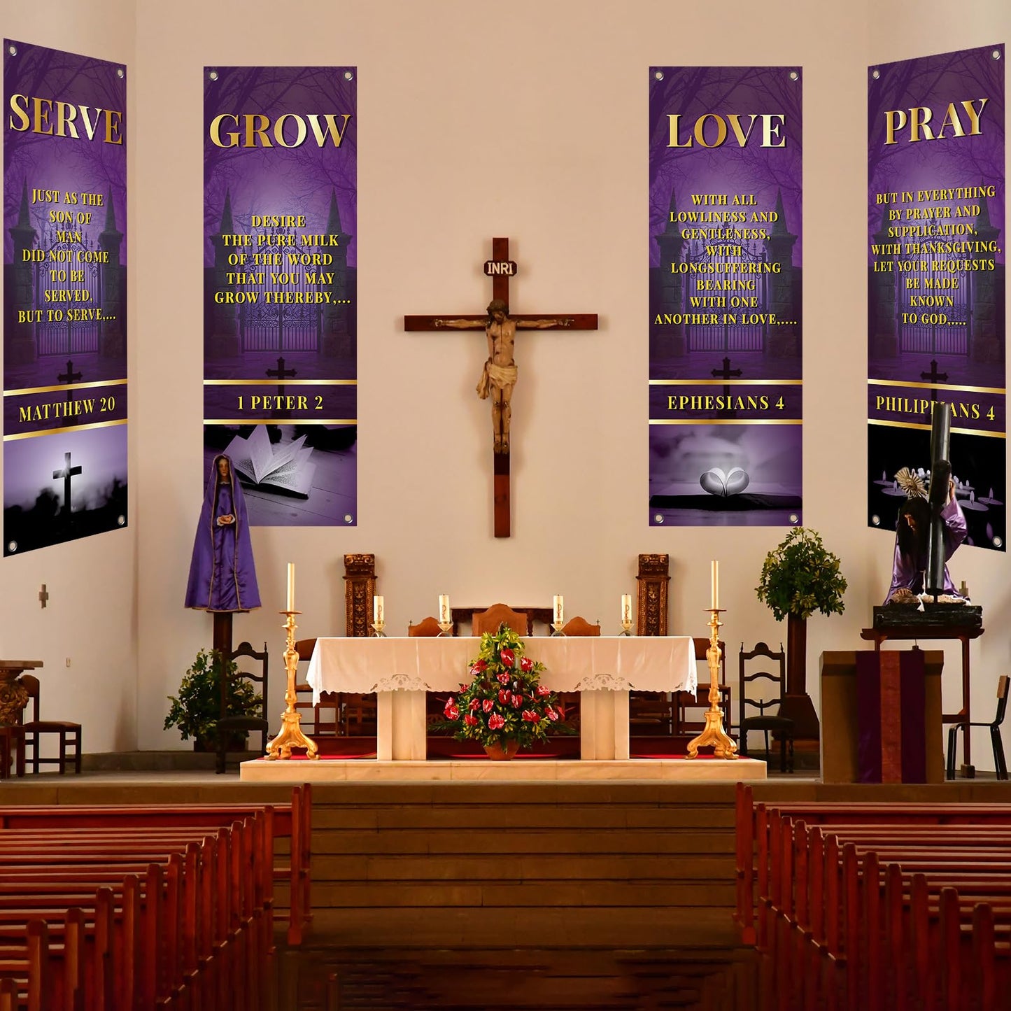 4Pcs Church Banners for Sanctuary Wall Welcome Religious Banners Serve Grow Love Pray Hanging Backdrop Purple Church Hanging Signs Scripture Bible Verse Banner for Holiday Sunday School Decor
