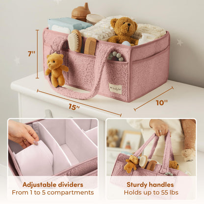 Sweety Fox Baby Diaper Caddy Organizer with Handle - Portable Sherpa Nursery Basket - Car Diaper Organizer, Cleaning Caddy, Gift for Baby Shower - Pink