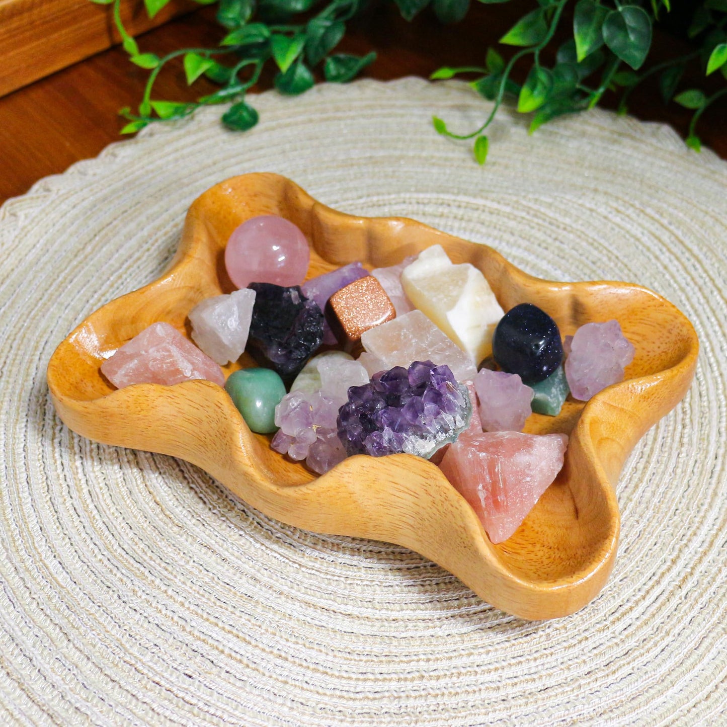 Crystal Tray for Rocks, Gems, and Healing Stones, Wooden Decorative Display Holder, Altar Offering Plate, Zen Decor Tray for Essential Oils
