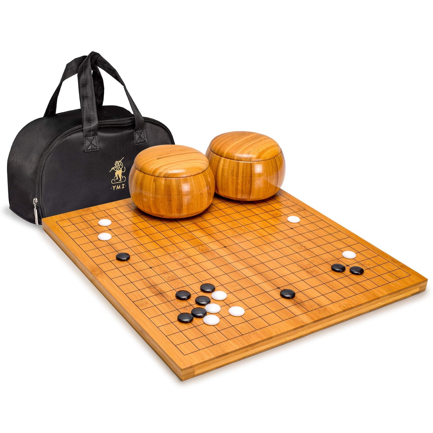 Yellow Mountain Imports Bamboo 0.8-Inch Reversible 19x19 / 13x13 Go Game Set Board with Single Convex Melamine Stones and Bamboo Wood Bowls Set - Classic Strategy Board Game (Baduk/Weiqi)
