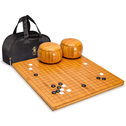 Yellow Mountain Imports Bamboo 0.8-Inch Reversible 19x19 / 13x13 Go Game Set Board with Single Convex Melamine Stones and Bamboo Wood Bowls Set - Classic Strategy Board Game (Baduk/Weiqi)