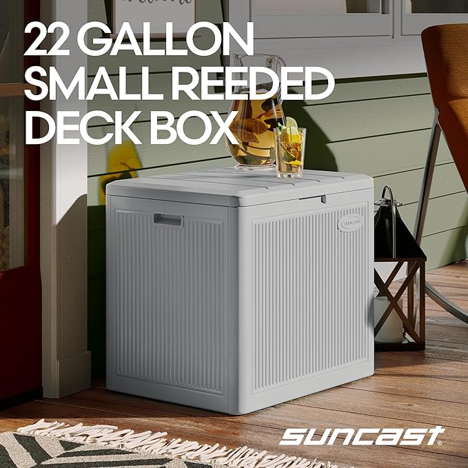 Suncast 22-Gal. Resin Small Outdoor Patio Deck Box with Reeded Design, Modern Outdoor Patio Bench/Storage Box for Cushions, Garden Tools, and More, French Gray