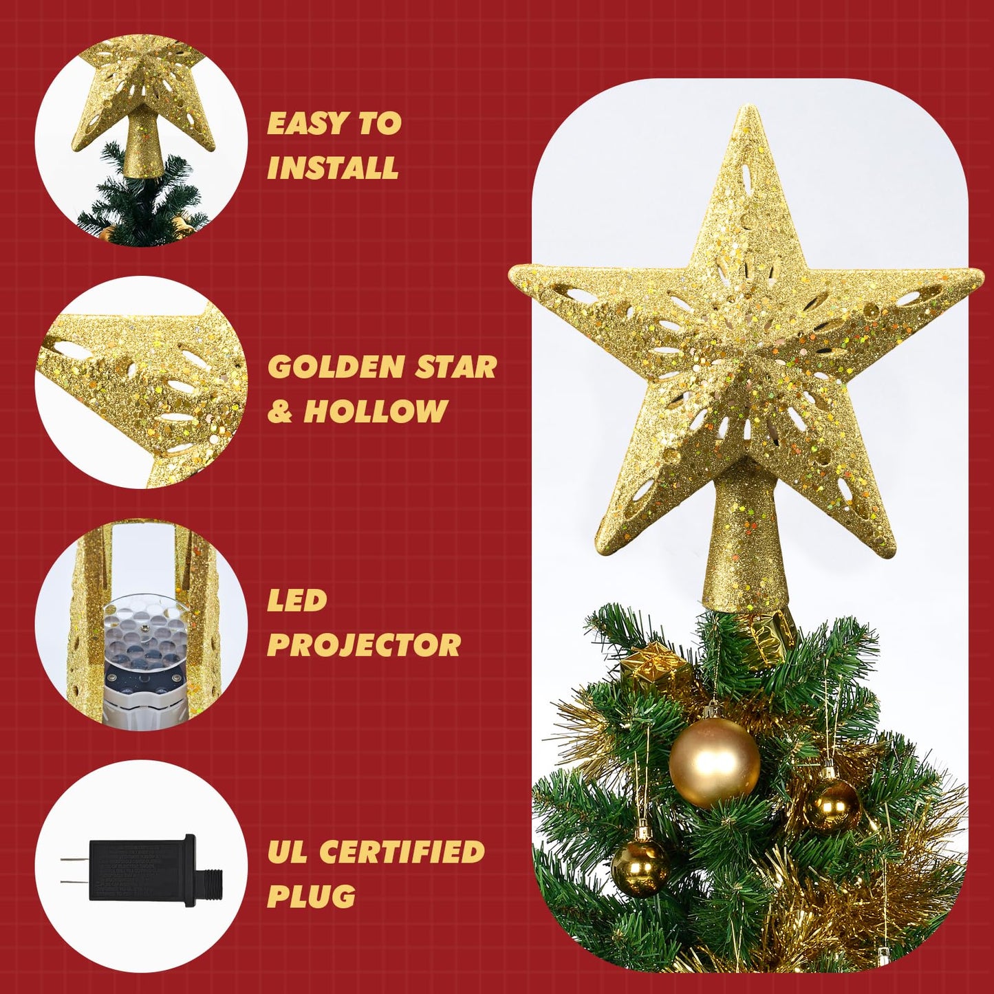 Christmas Tree Topper Lighted Star,3D Hollow Sparkling Star Christmas Tree Topper with 6 Patterns Rotating Magic Cool White Snowflake Projector, Plug in Gold Tree Topper for Tree Ornament