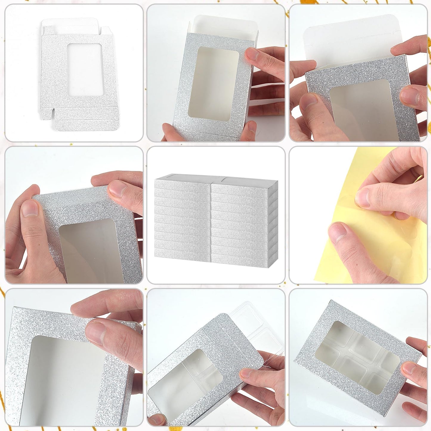 50 Pcs Silver Glitter Gift Boxes for Wax Melts 6 Cavity Plastic Wax Melt Molds with Box Crystal Wax Melts Containers Boxes Wax Melt Cube Trays for Wrapping Gifts Wax Cubes Wax Tarts Wax Block