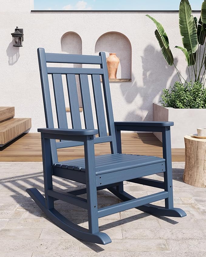 GarveeLife Poly Lumber Rocking Chair Outdoor Set of 4 - HDPE High Back Porch Rocker Chairs for Adults - All Weather Resistant Furniture for Patio - Navy Blue