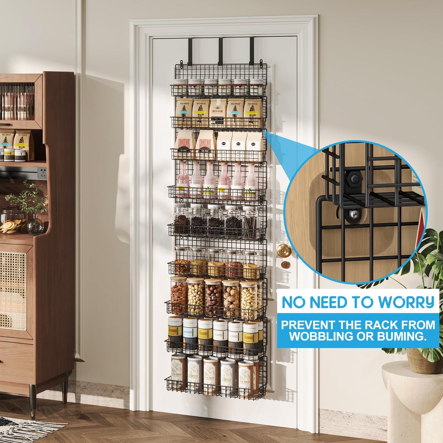 JKsmart 6-Tier Spice Rack Organizer with Door Hook, Wall Mounted & Over the Door Spice Racks for Kitchen Pantry Door Cabinet, Two Size, Large Capacity, Black