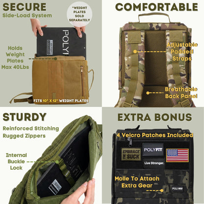 Polyfit Rucking Backpack 2.0 - Weighted Ruck Pack for Weight Plates - Patent Pending Side-Loading Rucksack for Walking, Running, Rucking, Strength and Endurance Training - Green
