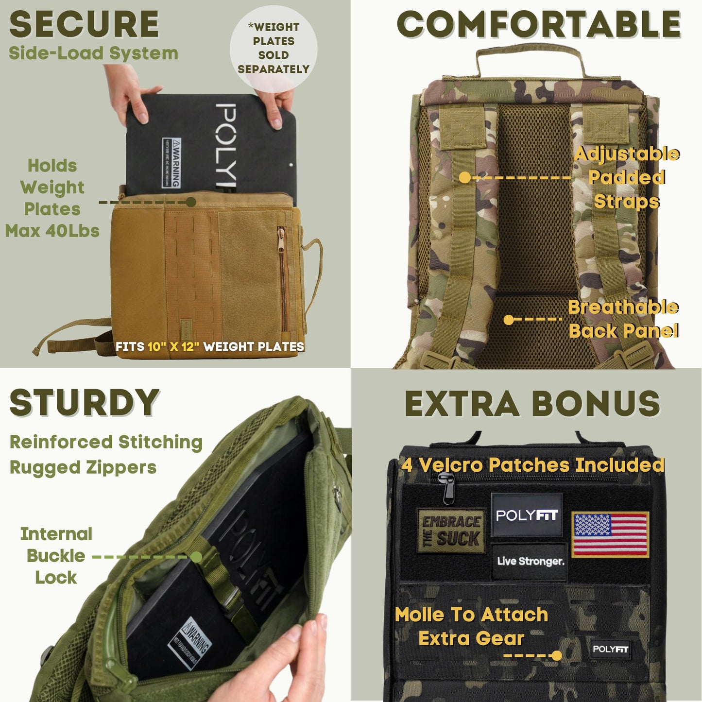 Polyfit Rucking Backpack 2.0 - Weighted Ruck Pack for Weight Plates - Patent Pending Side-Loading Rucksack for Walking, Running, Rucking, Strength and Endurance Training - Black