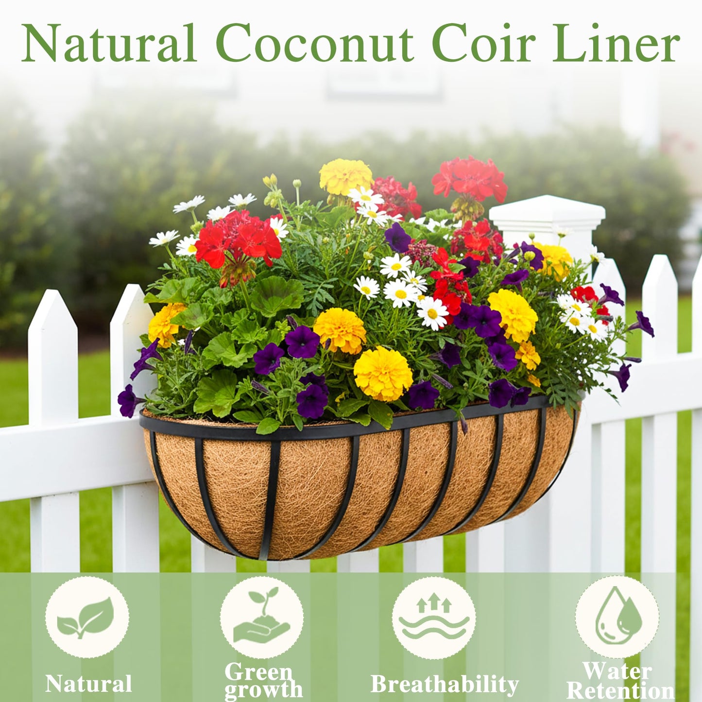 EIMQUVW 30 Inch Railing Planter Window Box Deck Balcony Rail Planter with Coco Liner Metal Wall-Mounted Coconut Liner Basket English Horse Trough for Outdoor Balcony Porch Fence Patio (2 Pack)