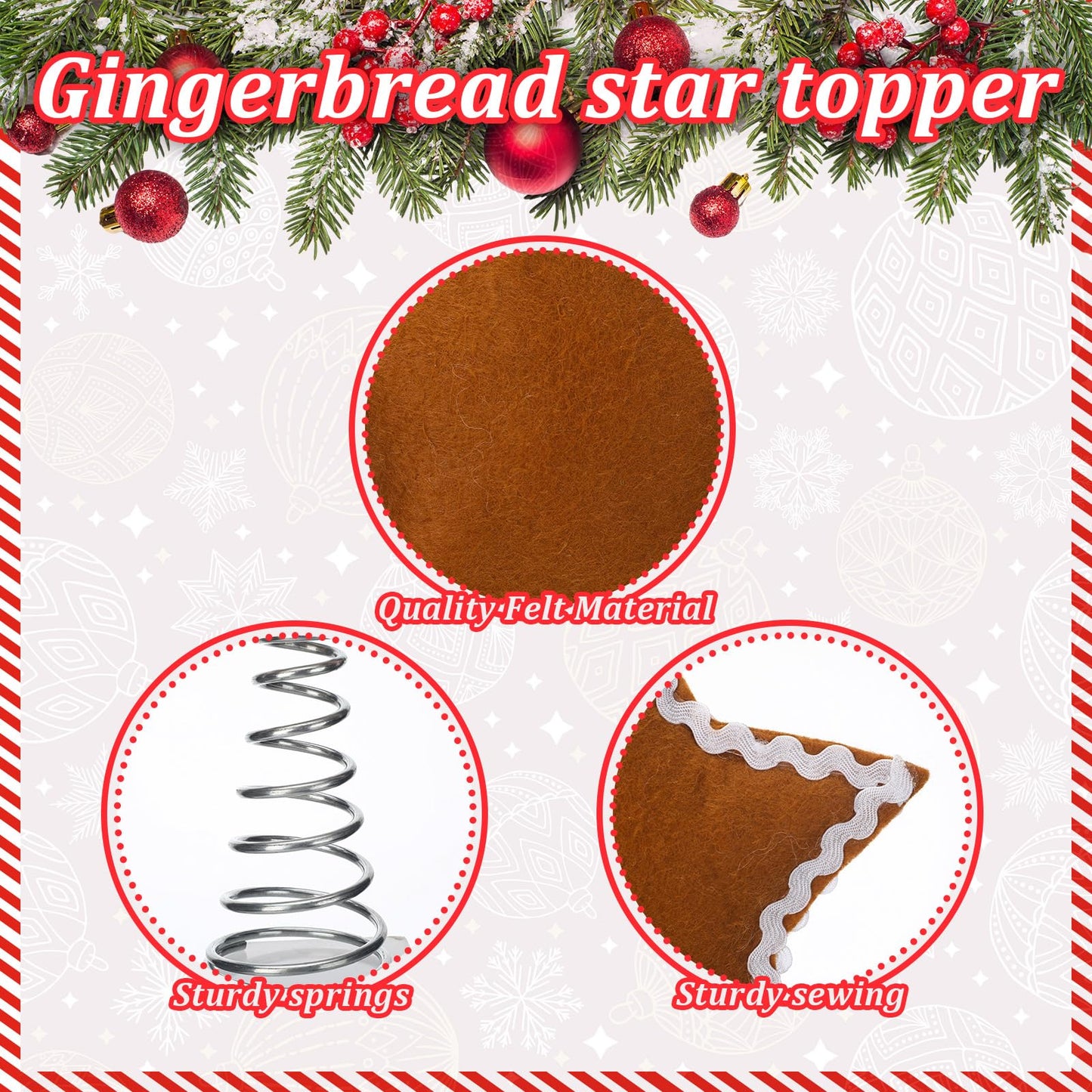 Arrowbash Gingerbread Star Christmas Tree Topper 6.7 Inch Cute Xmas Felt Gingerbread Ornament Decoration for Winter Home Office Holiday Party Decoration